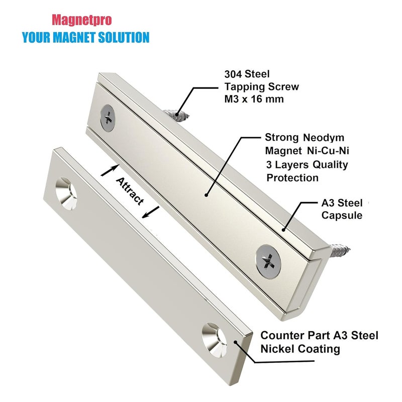 Magnetpro Rectangular Magnets 70 LB Force Size 2.36" x 0.53" x 0.20" with Counterparts and Countersunk Hole, Household and Industrial Pot Magnet with Screws Pack of 6 - Image 2
